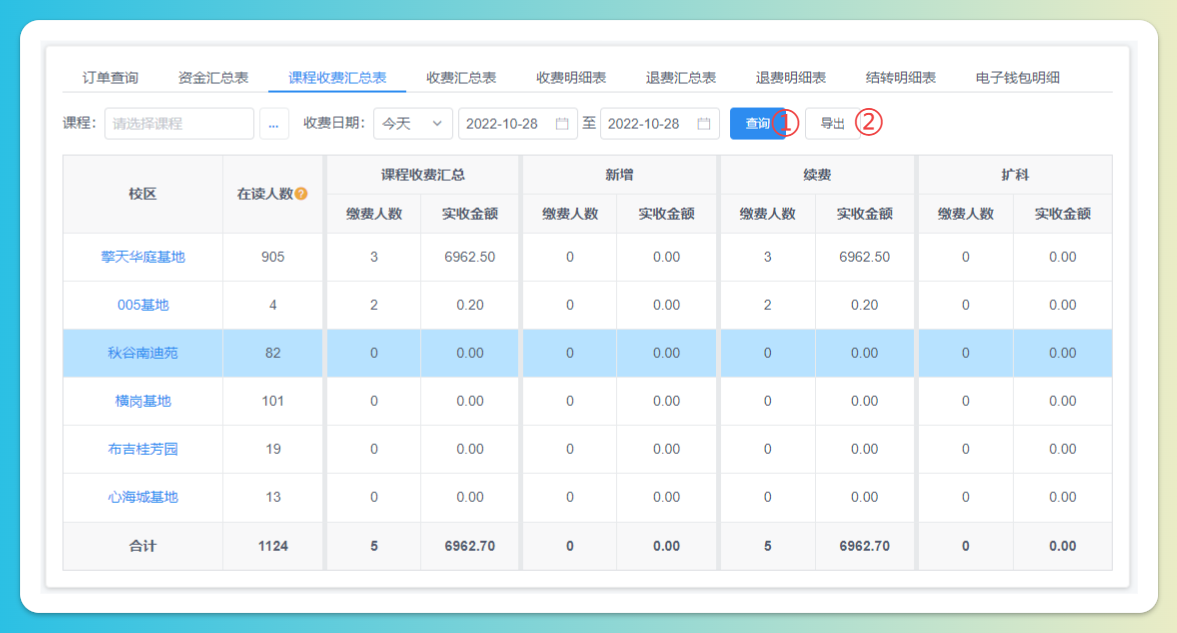 课程收费汇总导出