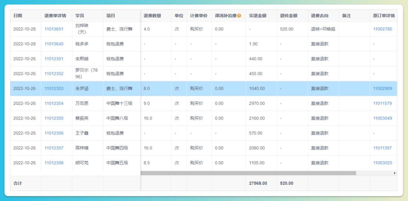 退费明细查询结果
